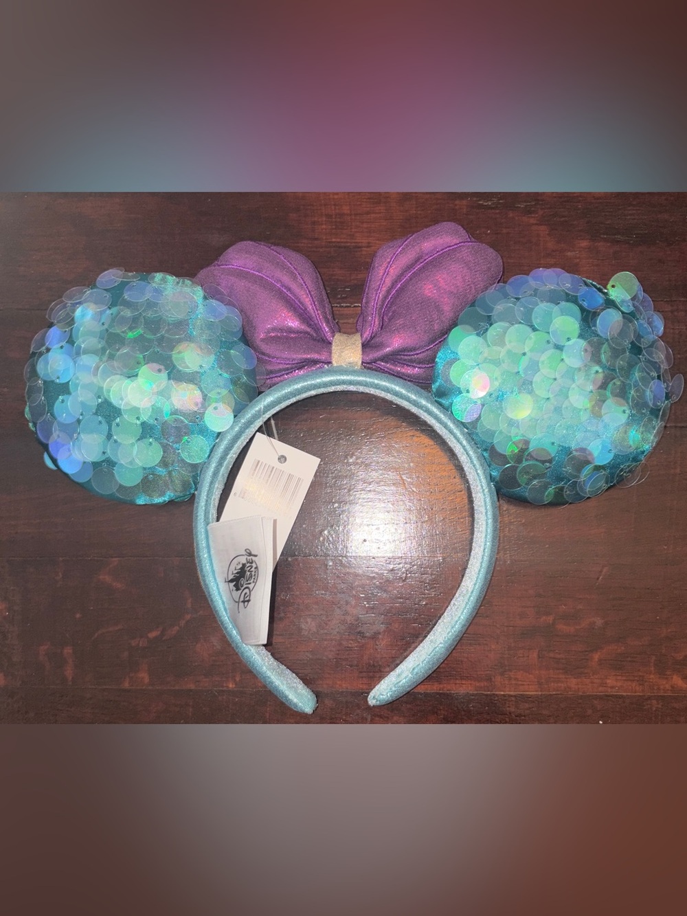 Sequin Mermaid Ear Headband with Purple Bow and Aqua Accents - Picture 3 of 4